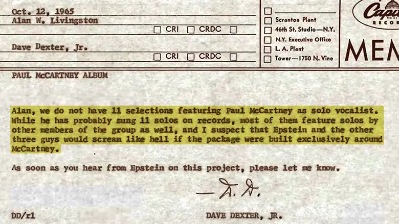 Pantalla de memo de Capitol Records sobre Paul McCartney